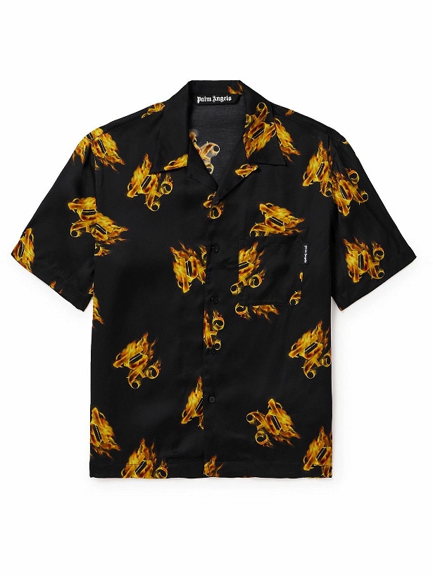 Photo: Palm Angels - Burning Convertible-Collar Logo-Print Satin Shirt - Black