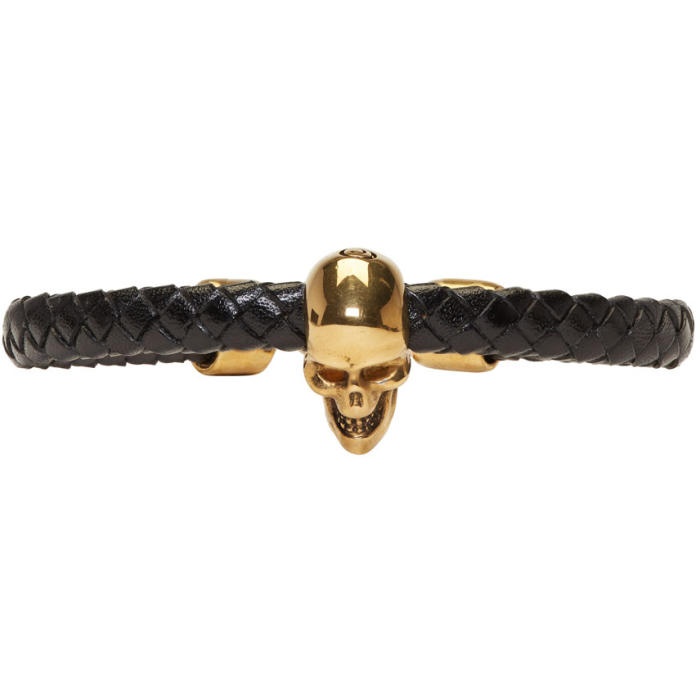 Photo: Alexander McQueen Black and Gold Braided Leather Skull Bracelet 