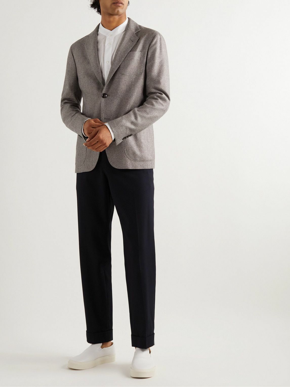 Giorgio Armani Herringbone Cashmere and Silk Blend Blazer Gray