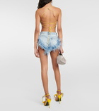 Area High-rise feather-trimmed denim shorts