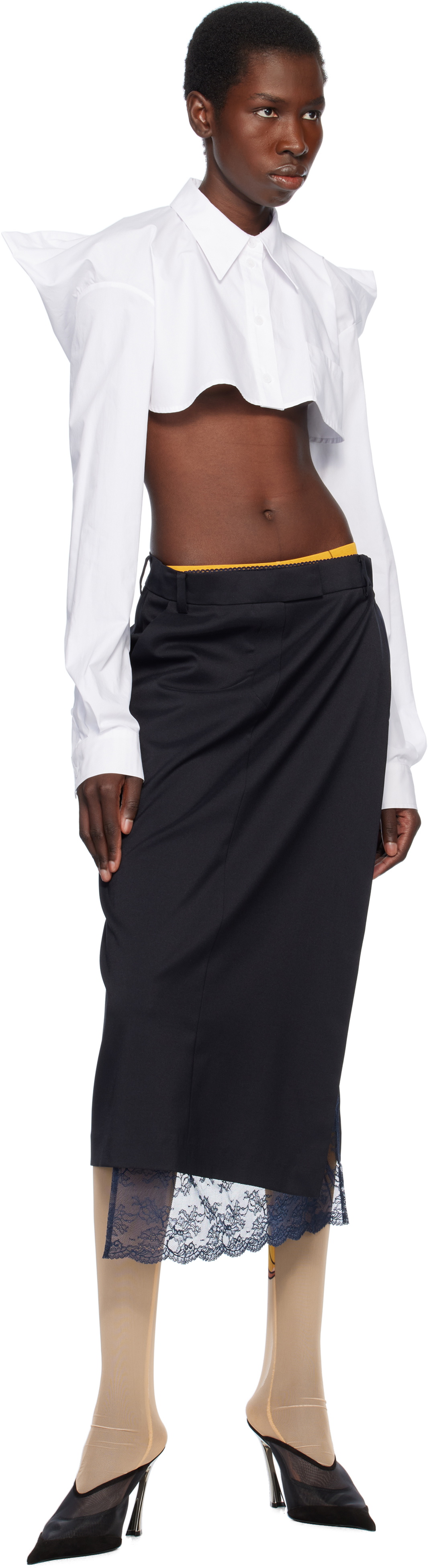 Pushbutton Navy Lace Trim Midi Skirt