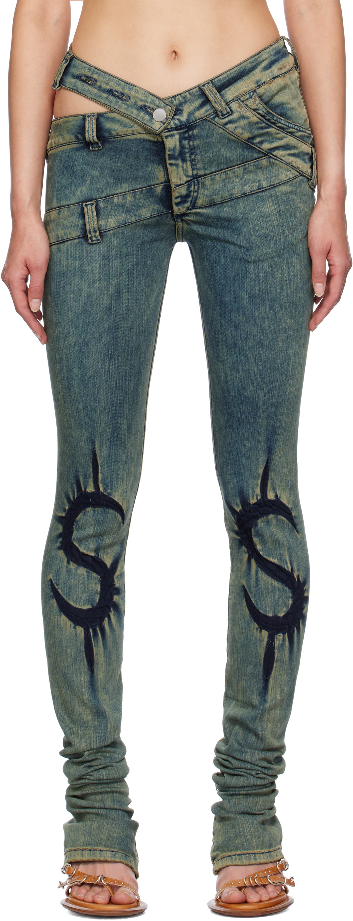 Masha Popova Blue Skinny Dollar Sign Joggins Back Zips Jeans