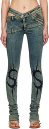 Masha Popova Blue Skinny Dollar Sign Joggins Back Zips Jeans