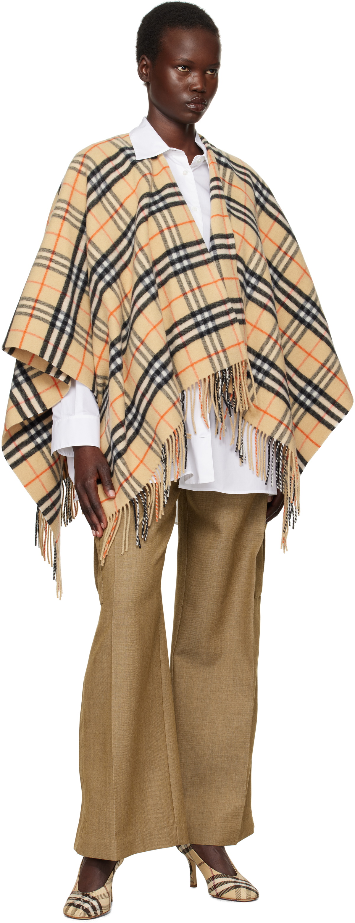 Burberry Beige Check Wool Cashmere Cape Coat