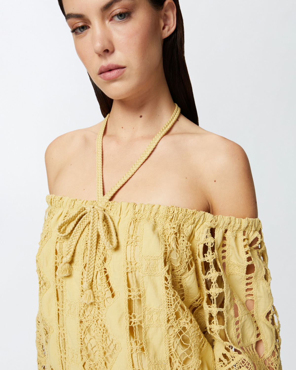 Pinko Open Shoulder Mini Dress With Openwork Rattan Yellow