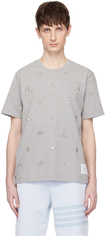 Photo: Thom Browne Gray Embroidered T-Shirt