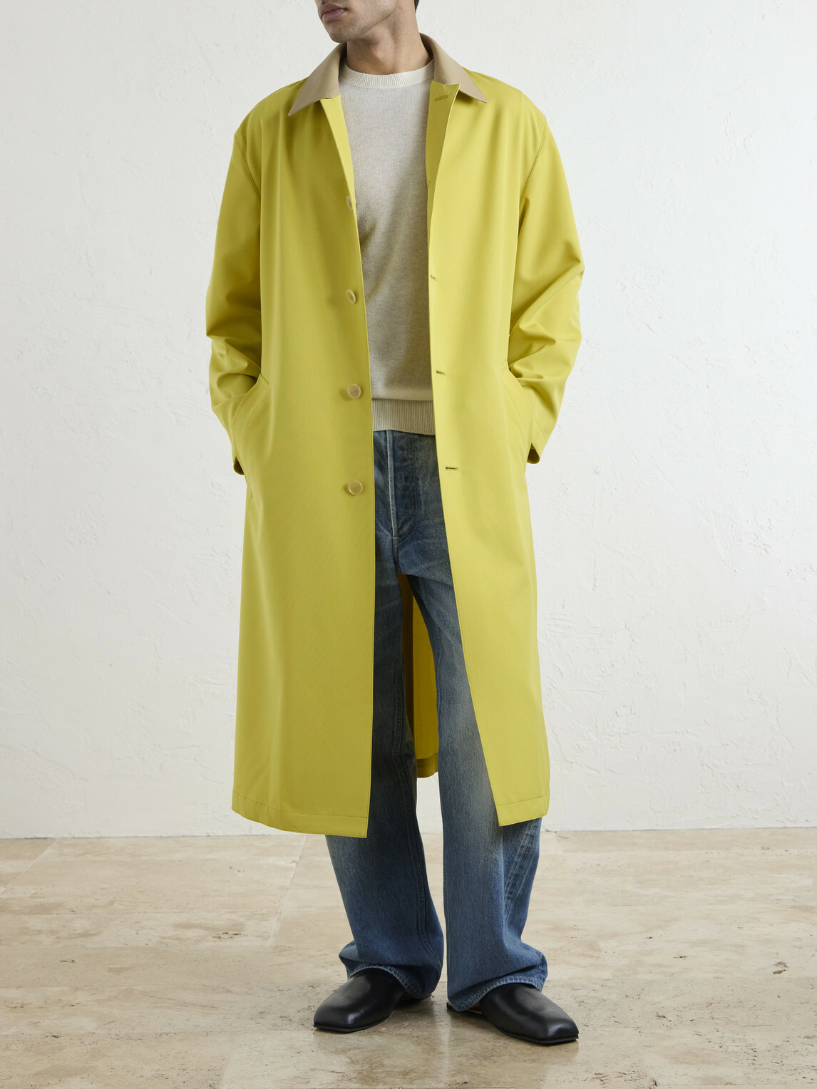 Auralee - Belted Leather-Trimmed Wool-Canvas Trench Coat - Yellow