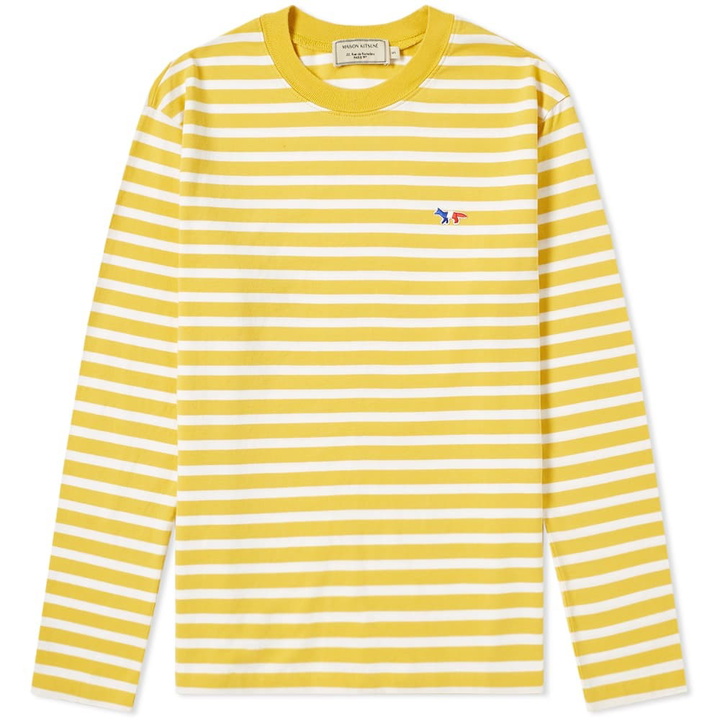 Photo: Maison Kitsun&eacute; Long Sleeve Stripe Tricolour Fox Patch Tee Yellow & White