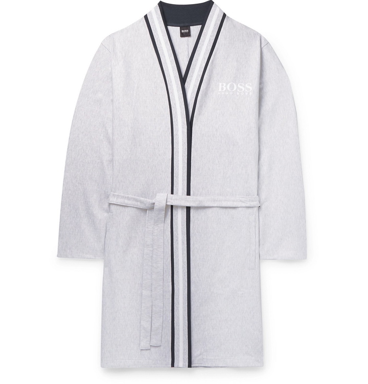 Photo: Hugo Boss - Striped-Trimmed Ribbed Mélange Cotton Robe - Gray