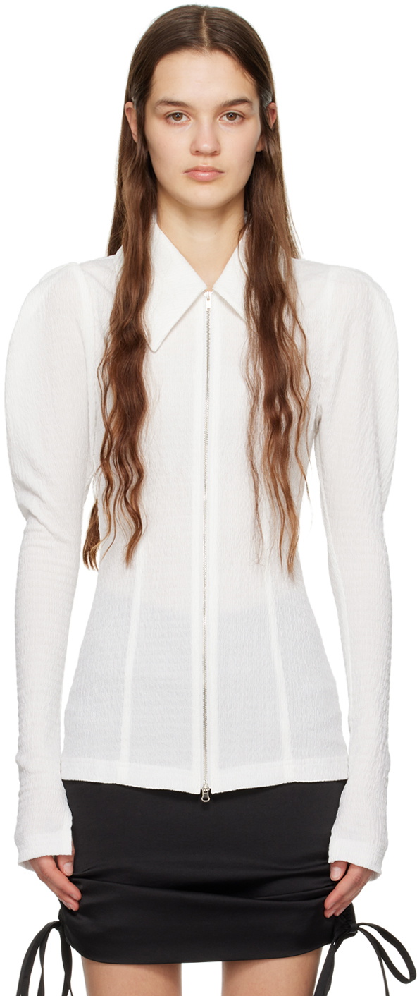 J KOO White Shirring Shirt