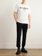 Balmain - Skinny Logo-Flocked Panelled Cotton-Jersey Sweatpants - Black