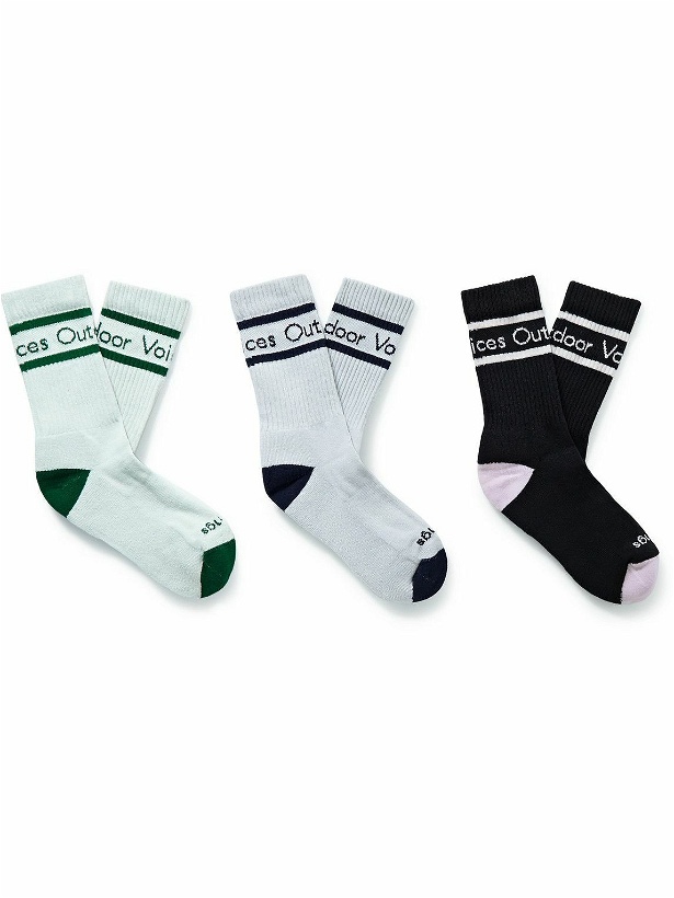 Photo: Outdoor Voices - Three-Pack Logo-Intarsia Stretch-Knit Socks - Multi