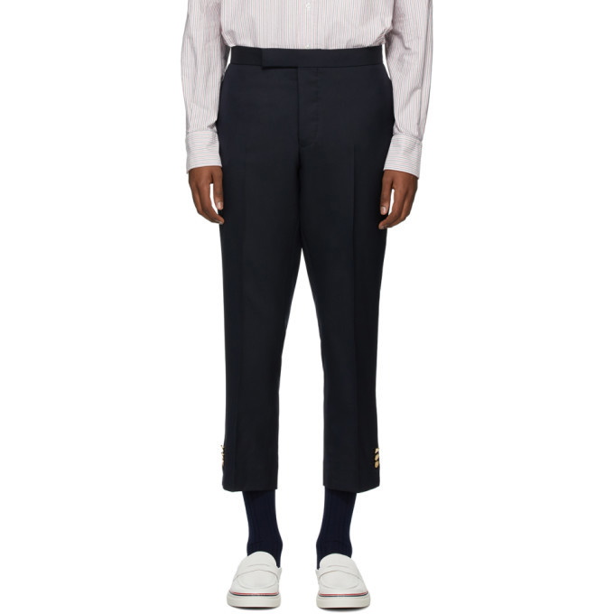 Photo: Thom Browne Navy Super 120s Vented Trousers