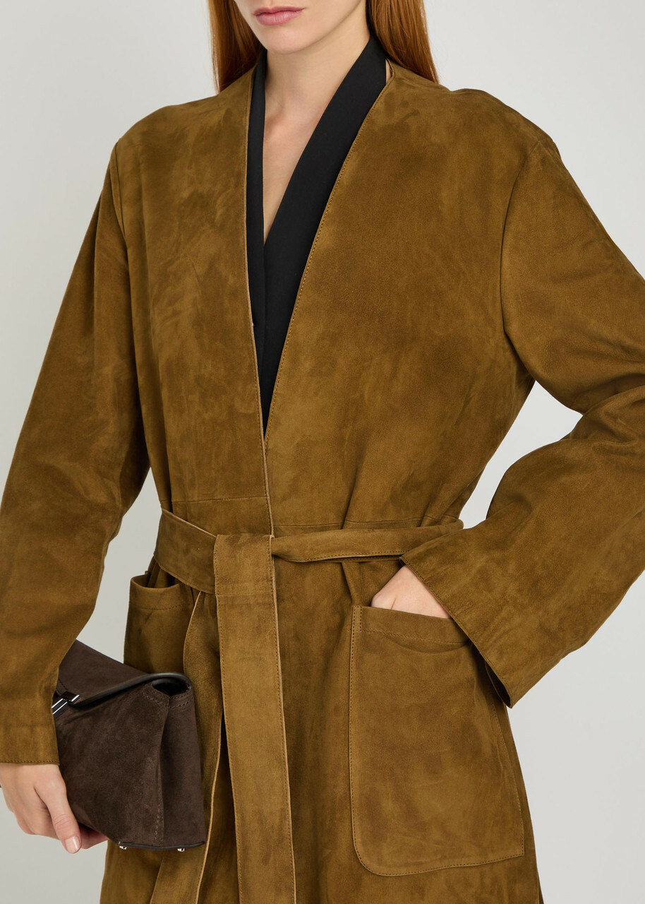 Nour Hammour Ruelle Belted Suede Coat Dark Brown