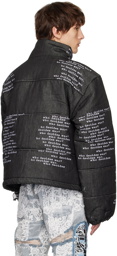 Who Decides War by MRDR BRVDO Black Signature Scripture Puffer Jacket