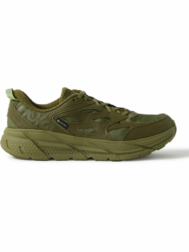 Photo: Hoka One One - Clifton L GTX Leather-Trimmed Coated-Ripstop Sneakers - Green