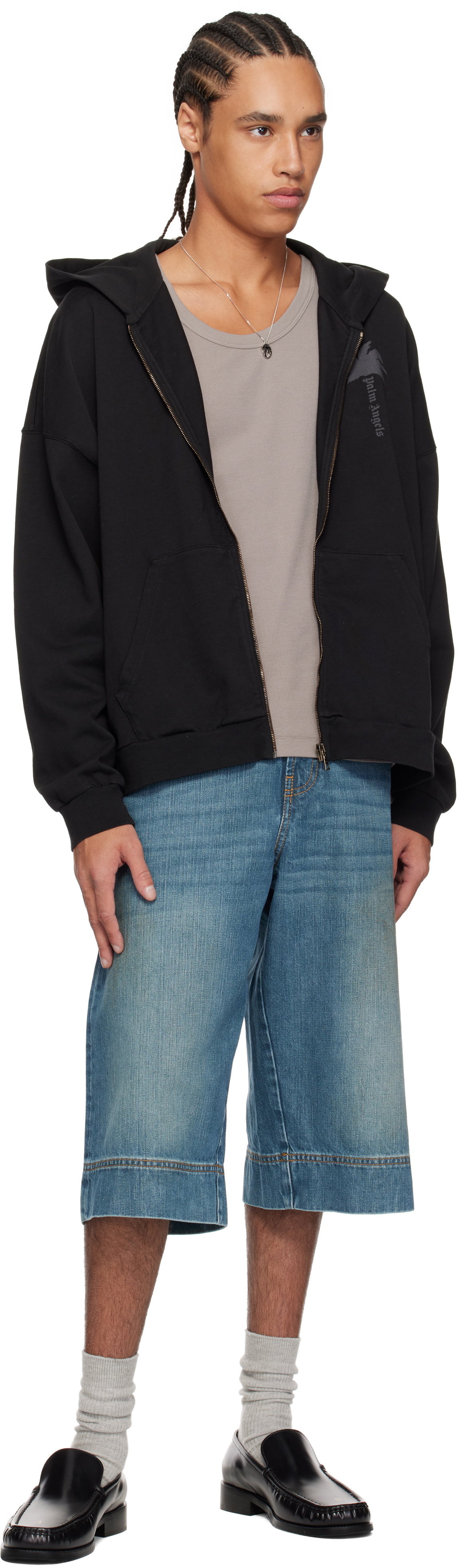 Palm Angels Blue Lasered Curved Logo Denim Shorts