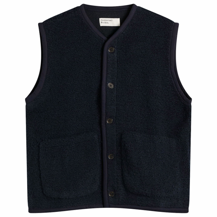 Photo: Universal Works Men's Alvar Fleece Lancaster Gilet in Navy