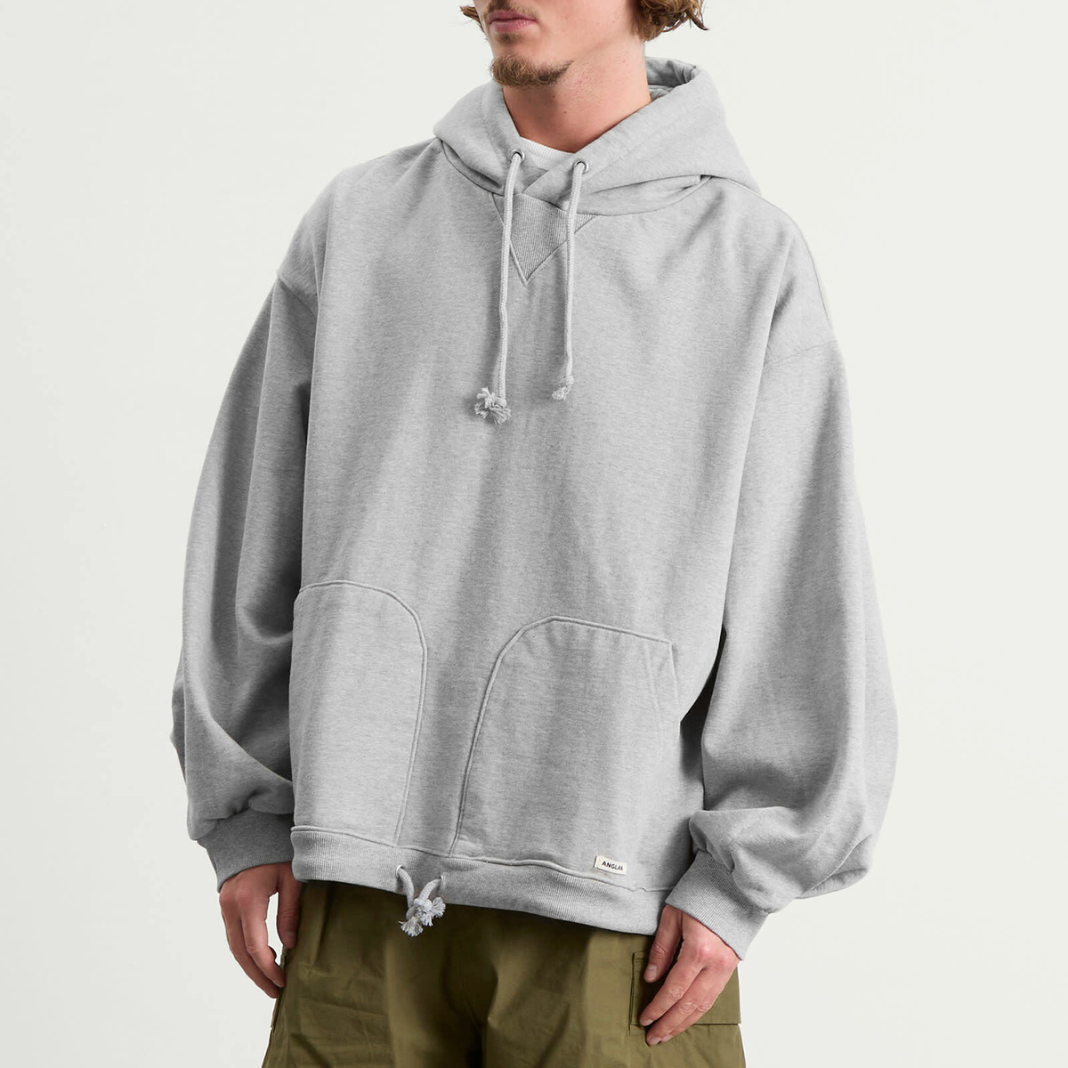 Anglan Men's Double Valley Tuck Sweat Hoodie in Melange Grey
