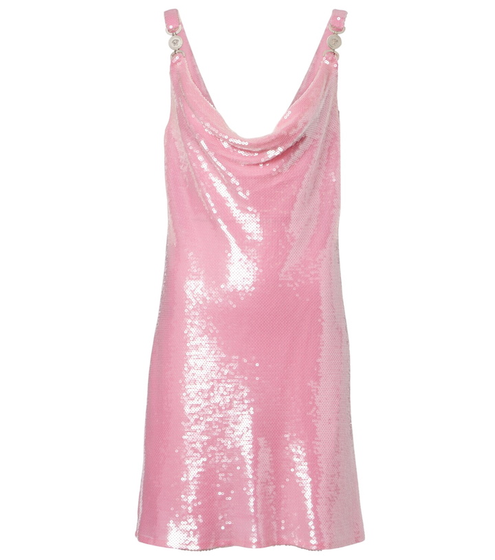 open lace back dress 2005 Versace Couture Runway Pink Beaded Stretch Silk High-Low Gown