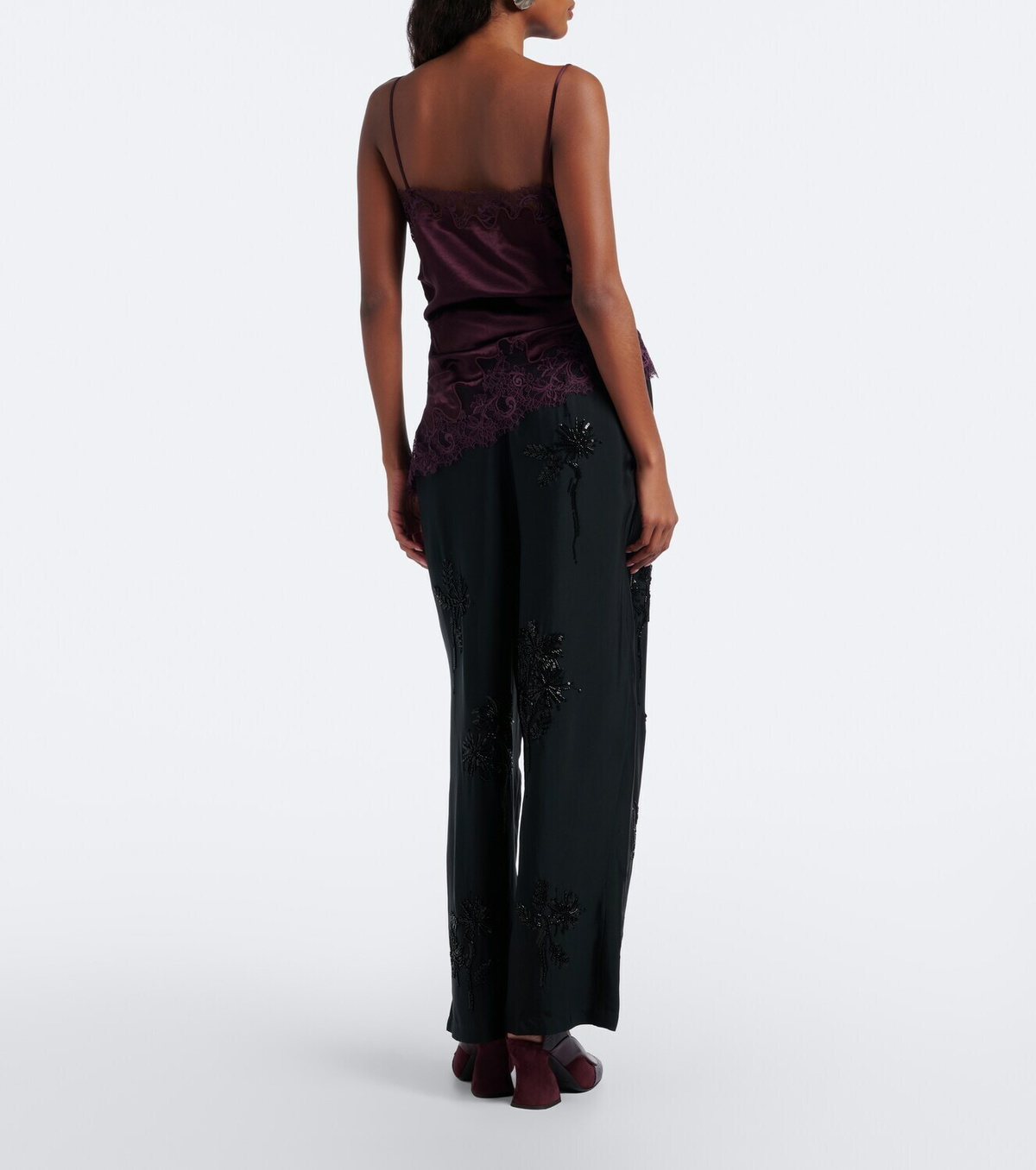 Jacques Wei Embellished leather-trimmed wide-leg pants