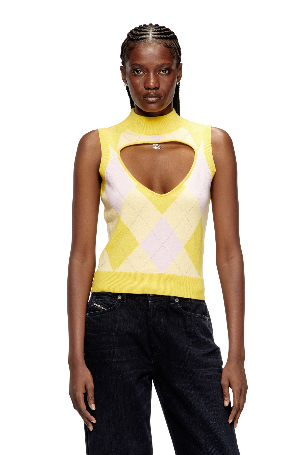 Diesel Cut-out turtleneck vest in argyle wool - T-Shirts Womens in Yellow