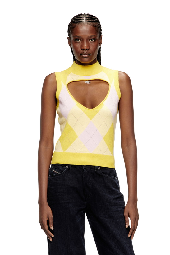 Photo: Diesel Cut-out turtleneck vest in argyle wool - T-Shirts Womens in Yellow