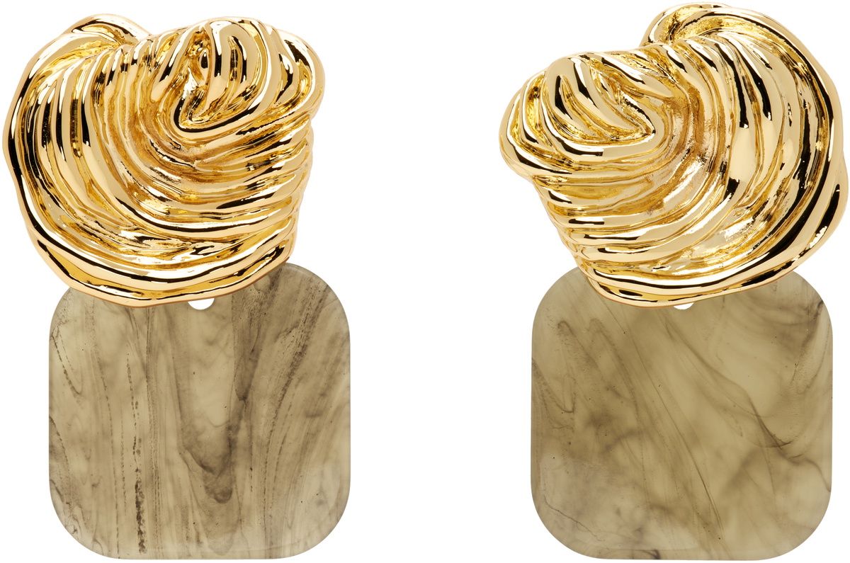 RECTO Gold & Brown Ibiza Formica Drop Clip Earrings
