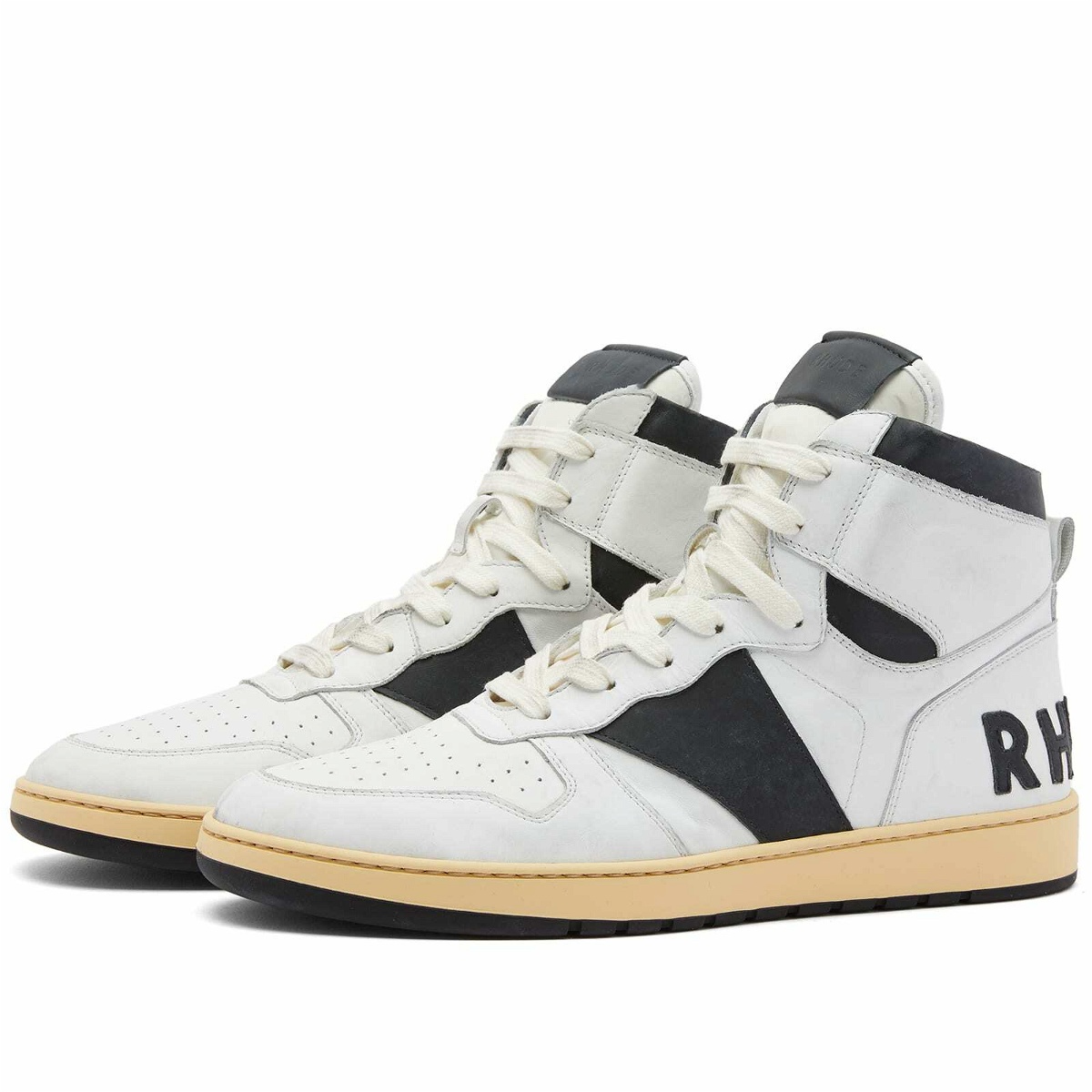 Photo: Rhude Men's Rhecess Hi-Top Sneakers in White/Black