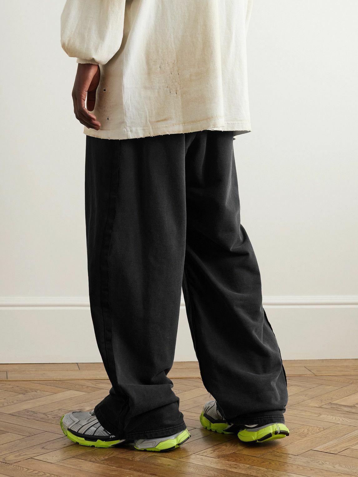 Balenciaga - Hybrid Wide-Leg Distressed Panelled Denim and Cotton-Fleece  Trousers - Black Balenciaga