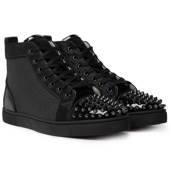 Photo: Christian Louboutin - Lou Spikes Orlato Velvet, Glittered Canvas, Suede and Leather High-Top Sneakers - Black