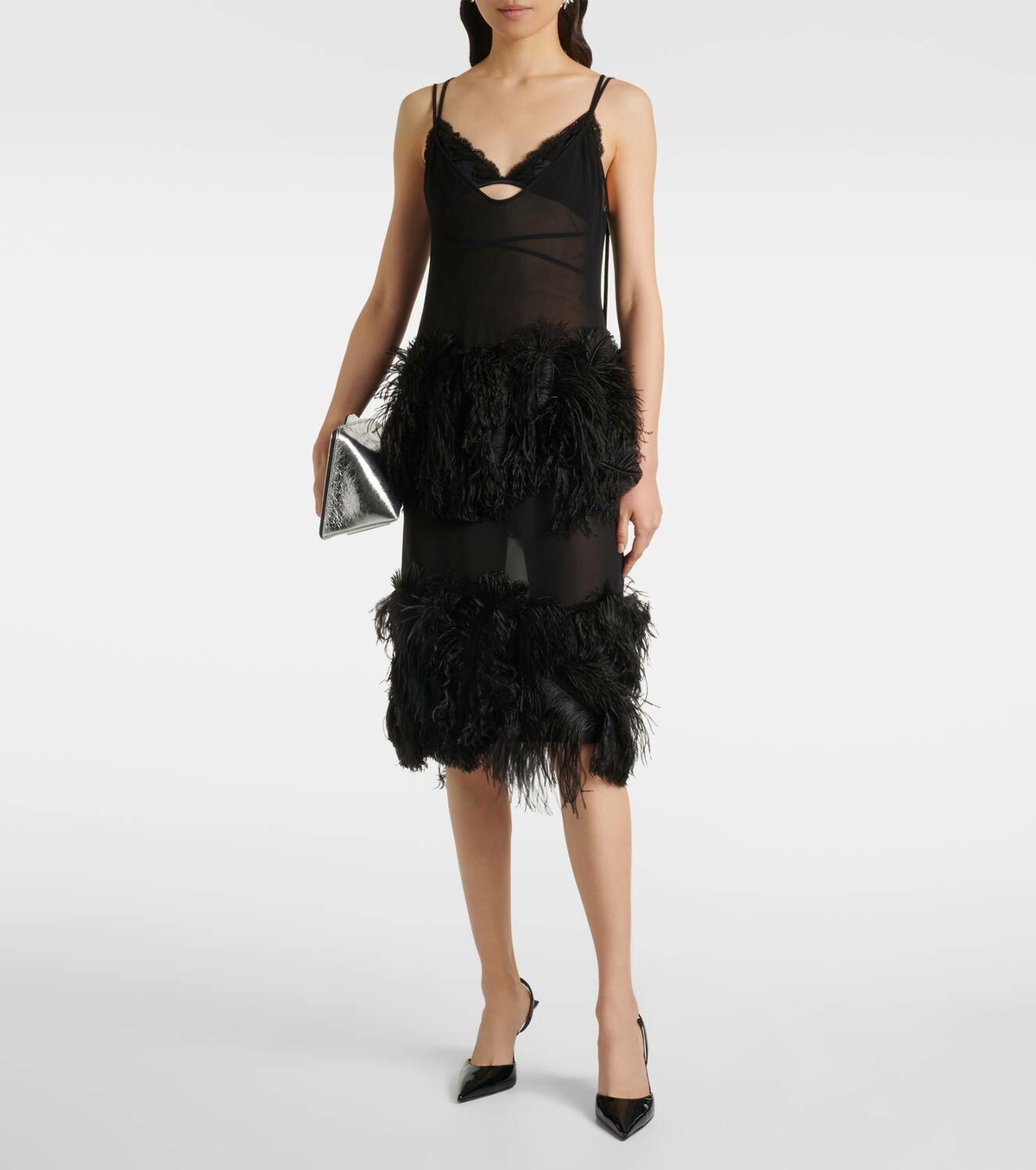 The Attico Sheer feather-trimmed midi dress The Attico The Attico Sheer feather-trimmed midi dress The Attico