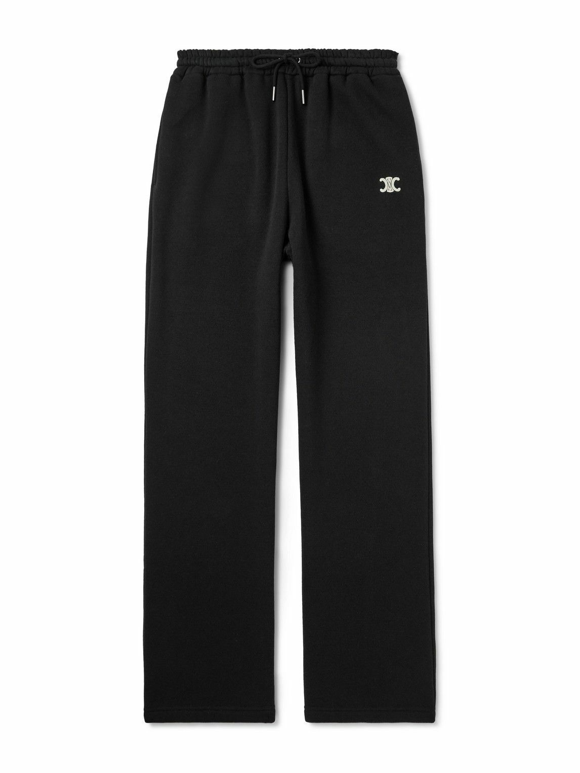CELINE - Triomphe Straight-Leg Logo-Embroidered Cotton and Cashmere-Blend Jersey Sweatpants - Black