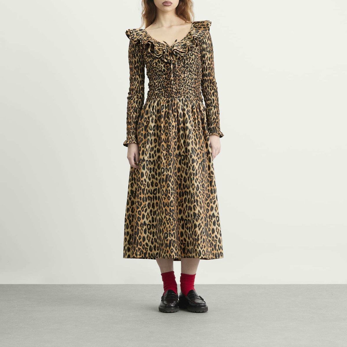 Damson Madder Women's Harper Shirred Midi Dress in Leopard