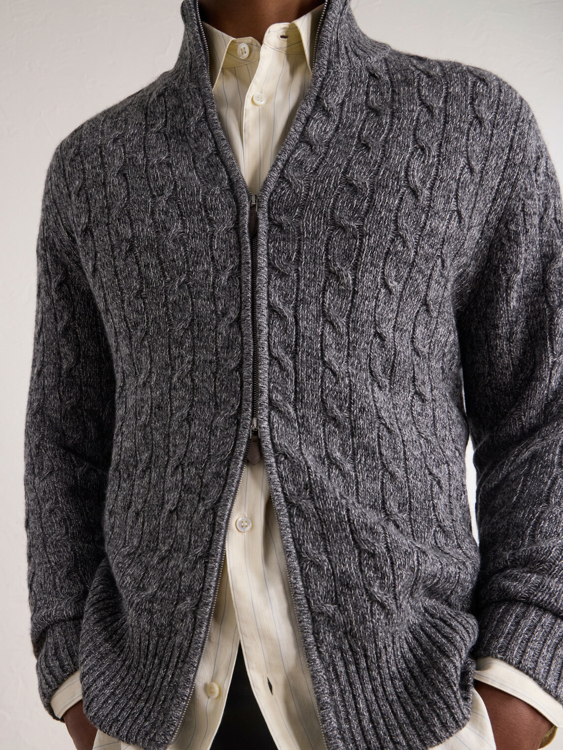 N.PEAL - Cable-Knit Cashmere Zip-Up Sweater - Gray