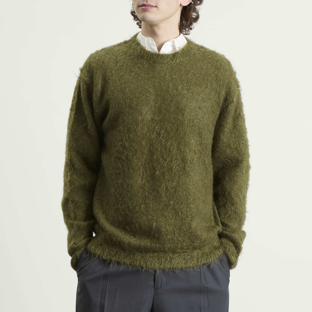 Auralee Men's Brushed Kid Mohair Jumper in Olive