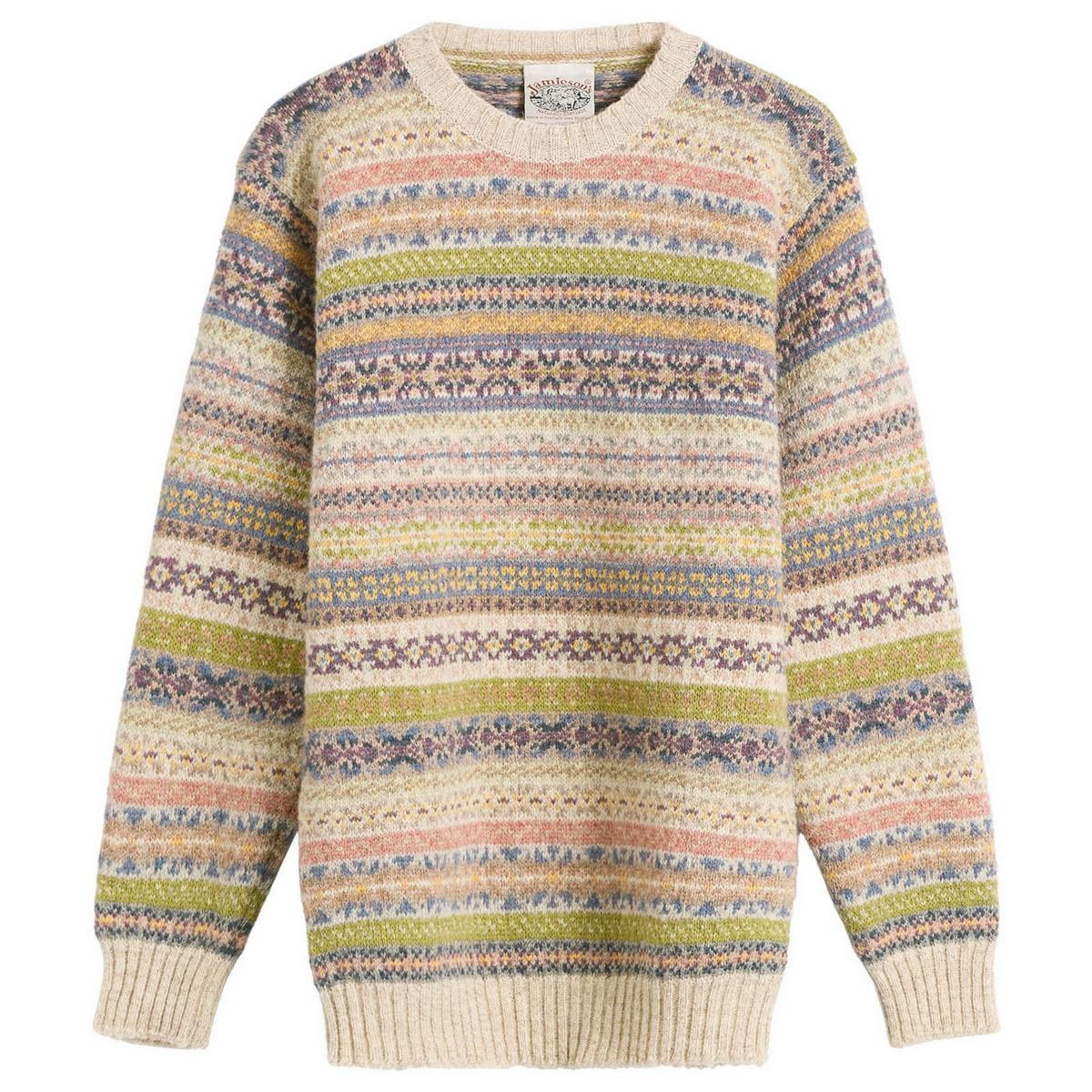Jamieson's of Shetland Men's Jamiesons of Shetland Fair Isle Crew Knit in White/Green &Pink