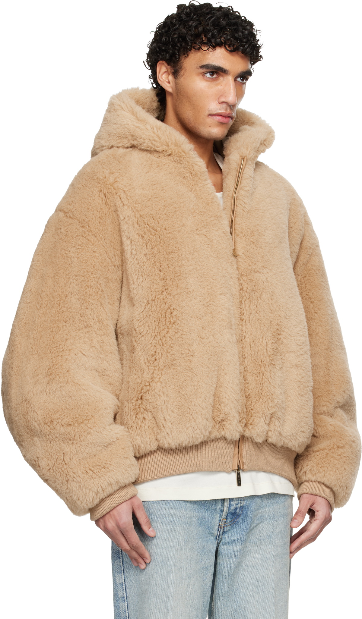 Fear of God Tan Alpaca Hooded Bomber Jacket