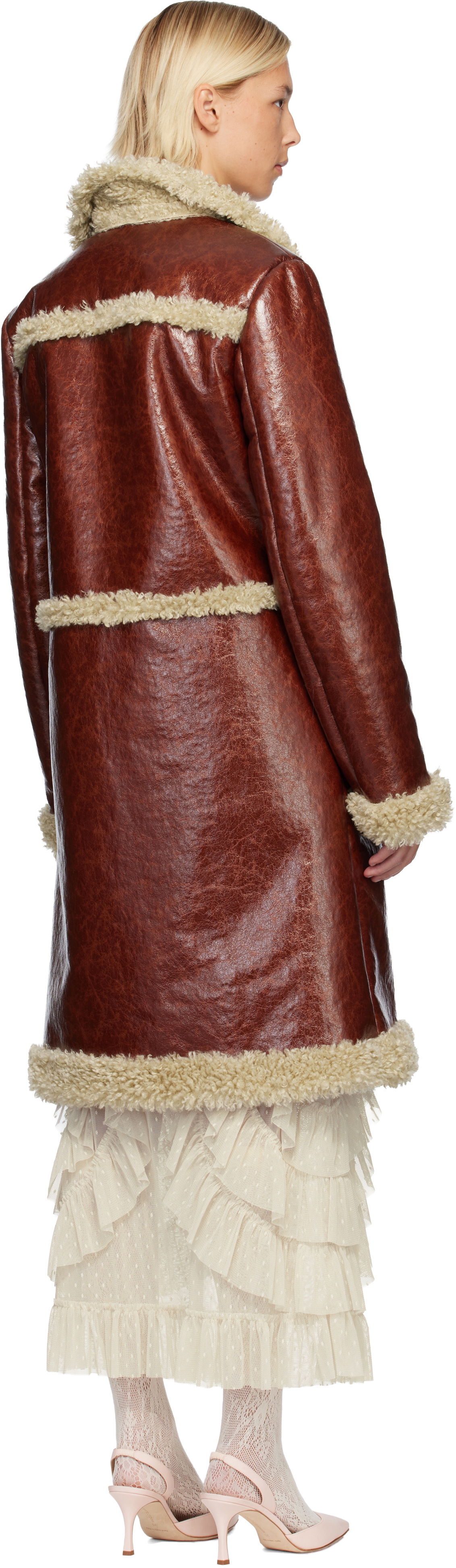 Anna Sui Brown Curly Lamb Trim Faux-Leather Coat