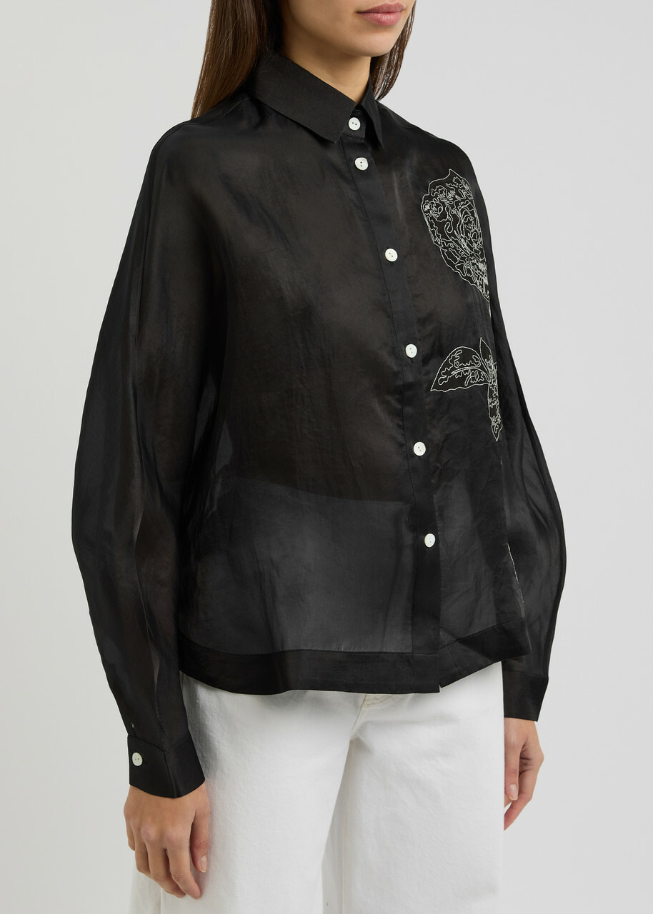 Lovebirds Embroidered Semi-sheer Silk-organza Shirt Black