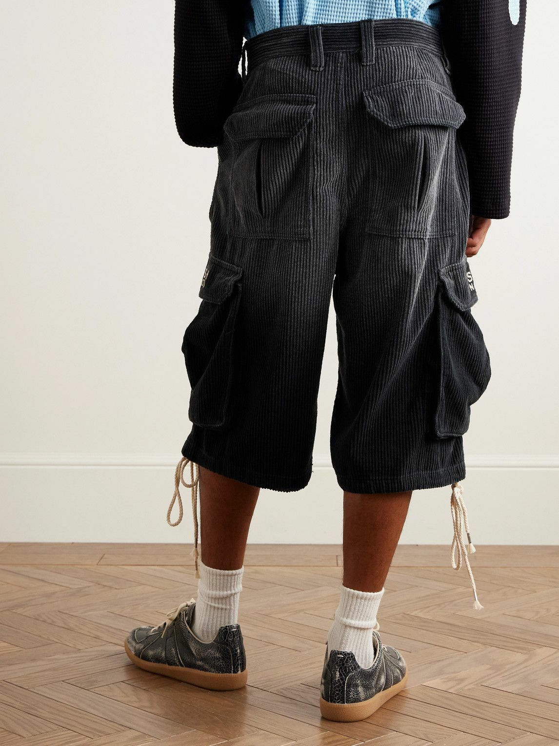 Satoshi Nakamoto - Staight-Leg Logo-Print Cotton-Corduroy Drawstring Shorts - Gray