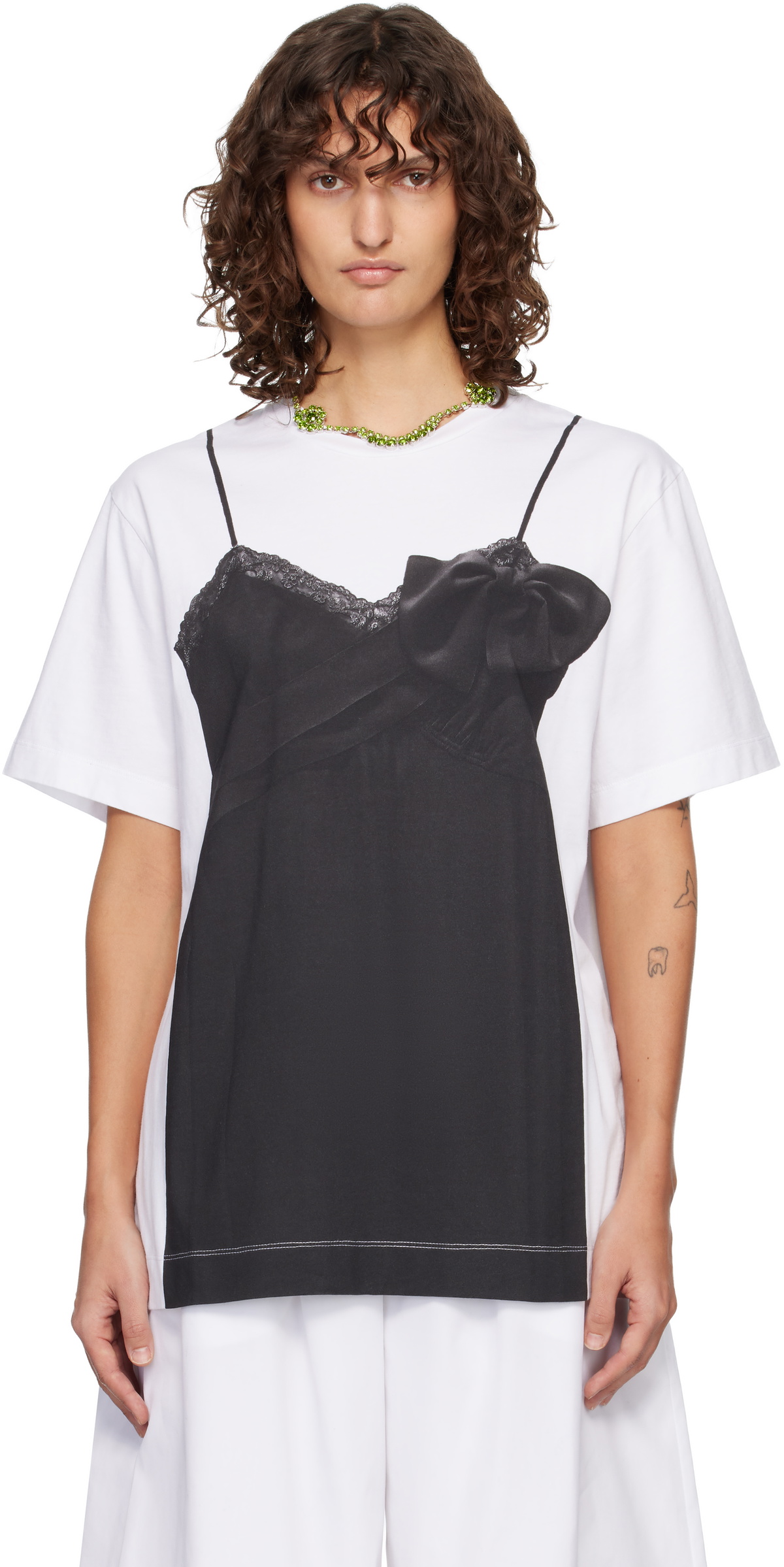 Simone Rocha White & Black Bow Sash Slip Dress Trompe L'Oeil T-shirt