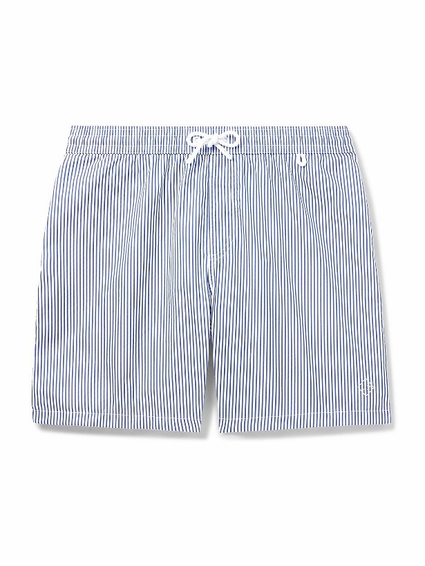Photo: Loro Piana - Bay Straight-Leg Mid-Length Logo-Print Striped Swim Shorts - Blue