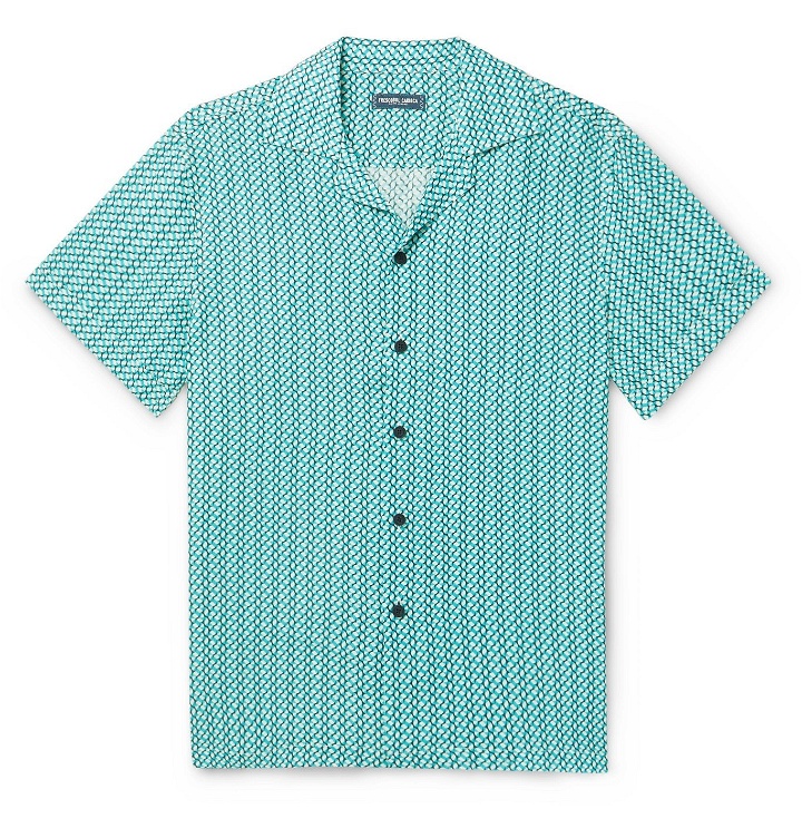 Photo: Frescobol Carioca - Camp-Collar Printed Linen Shirt - Blue