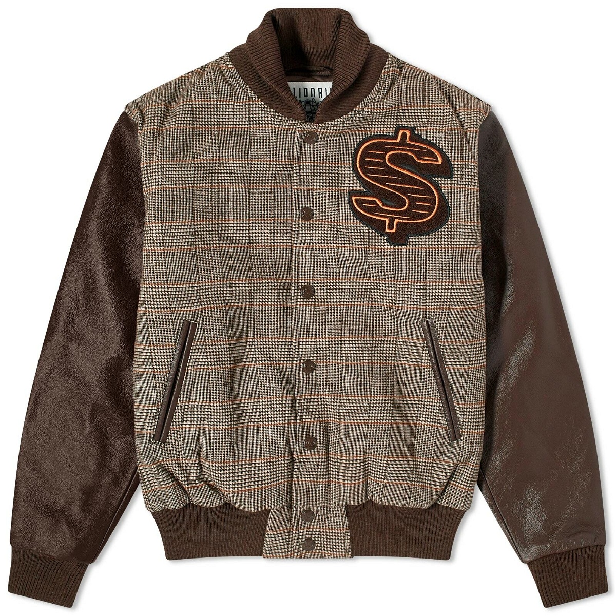 Photo: Billionaire Boys Club Men's Leather Sleeve Varsity Jacket in Brown Check