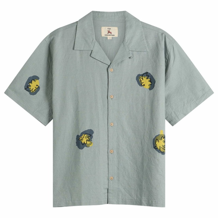 Photo: Folk Men's Relaxed Soft Collar Vacation Shirt in Soft Blue Embr Flower
