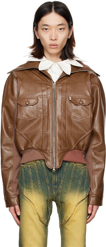 Photo: Juntae Kim Brown Pourpoint Faux-Leather Bomber Jacket