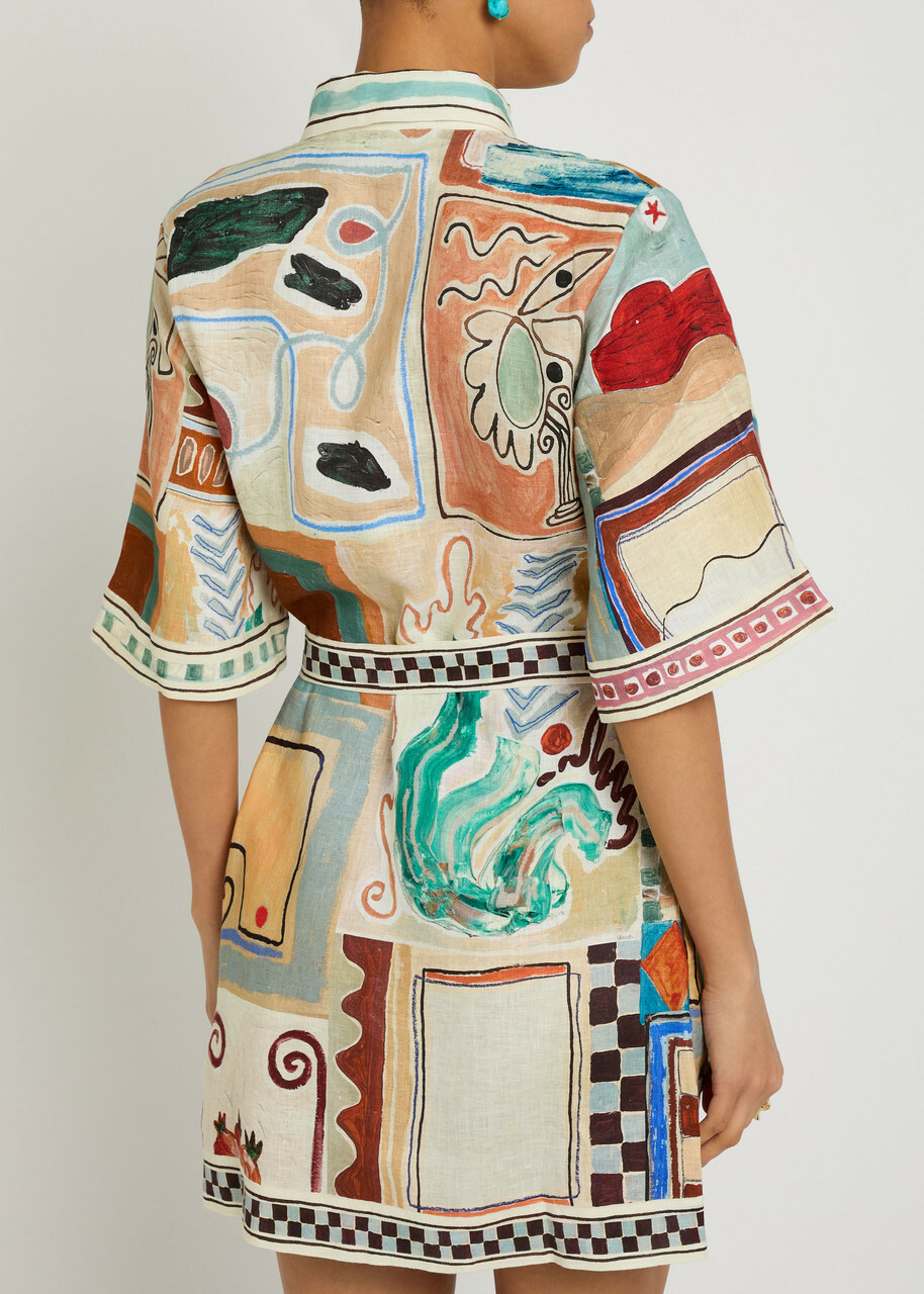 Alemais Michelle Printed Belted Linen Mini Shirt Dress Multicoloured