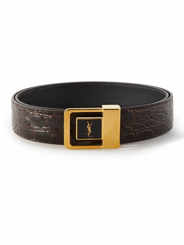 Photo: SAINT LAURENT - 3cm Logo-Embellished Croc-Effect Leather Belt - Brown