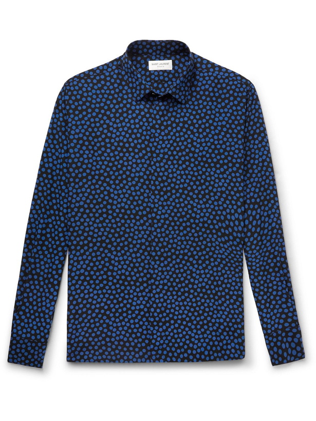 Photo: SAINT LAURENT - Polka-Dot Silk-Crepe de Chine Shirt - Blue